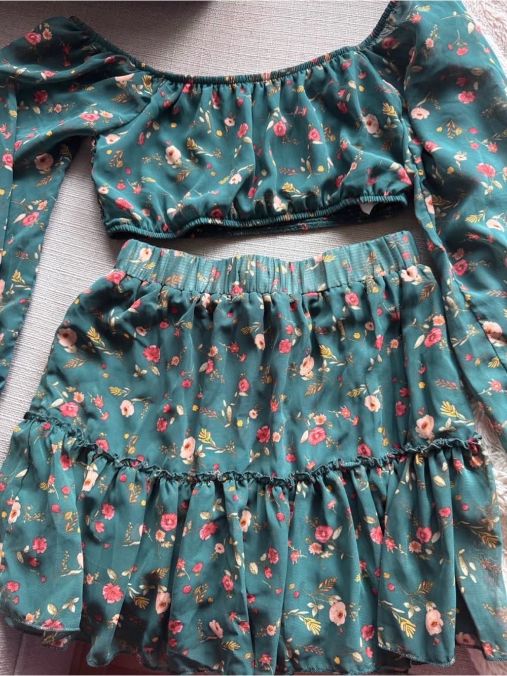 Teal Floral Ruffle Skirt Matching Set - Elastic Waist